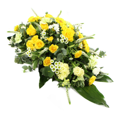 Single Ended Spray SYM-302 - This single ended spray is made using a mix of fresh yellow and white flowers. Same day delivery may not be possible on this design – please contact us to discuss your requirements.