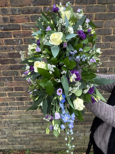 Double Ended Spray – White & Lavender - White and lavender double ended funeral spray with cream roses and lisianthus, handcrafted by Sweetpea And Willow Florist.