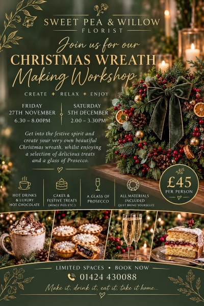 Saturday 5th December - Join us for a relaxed and enjoyable Christmas Wreath Making Workshop. Create your very own beautiful Christmas wreath to take home and enjoy throughout the festive season. We’ll provide all the materials you need, along with plenty of festive treats to make the experience extra special.